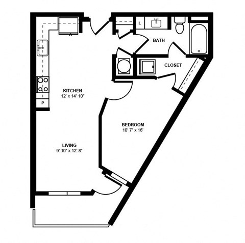 Floor plan for 1 bed, 1 bath, 631 sqft